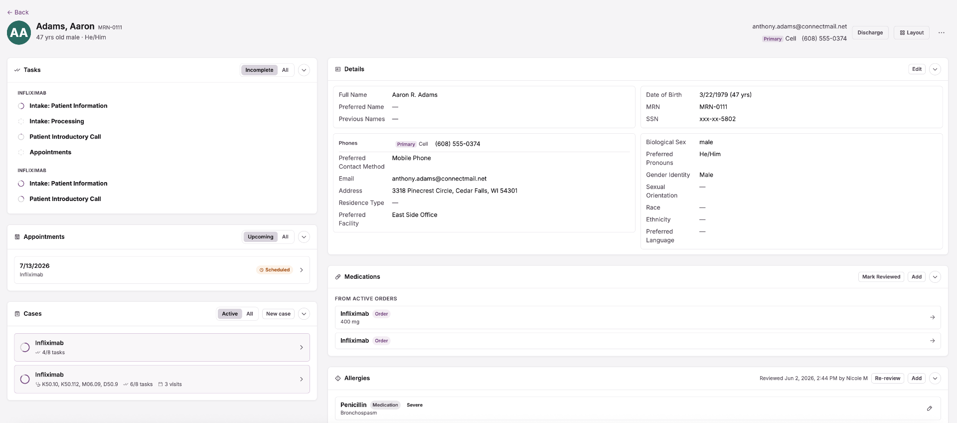 InfuseFlow patient detail screen showing tasks, appointments, medications, and allergies